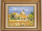 un tableau représentant une scène de campagne avec une maison en arrière-plan