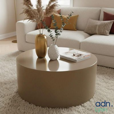 a coffee table with a vase on top of it in a living room