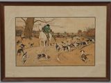 tableau représentant une scène de chasse avec un homme à cheval et des chiens
