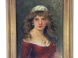 tableau représentant une femme en robe rouge et chapeau vert