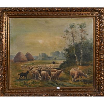 une peinture à l'huile représentant un troupeau de moutons paissant dans un champ