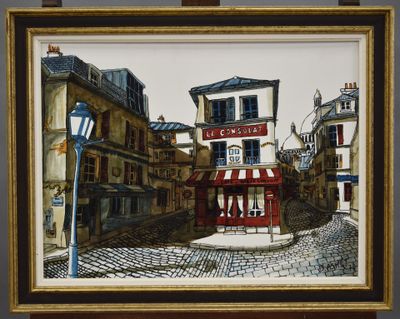 peinture représentant une scène de rue avec des bâtiments et un lampadaire