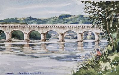 a watercolor painting of a bridge over a body of water