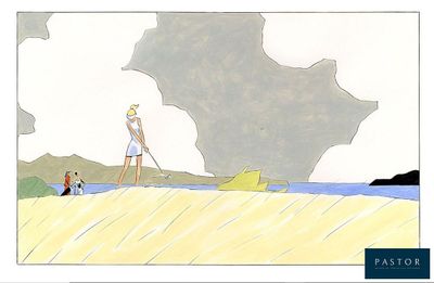 un dessin représentant un homme debout sur une plage, avec un bateau dans l'eau