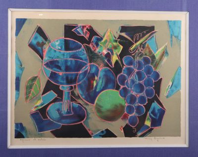 painting of a still life of blue grapes and a glass of wine