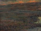 a painting of a horse in a field by the water