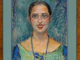 painting of a woman in a green dress with a blue necklace