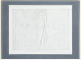 a drawing of a man standing in front of a painting