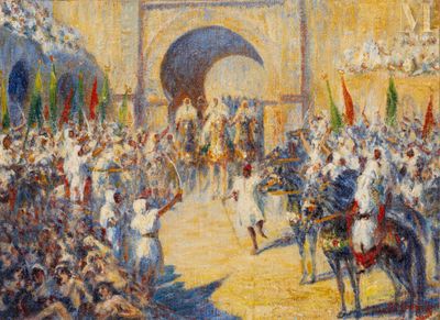 painting of a large crowd of people riding horses in front of a building