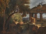 an image of a painting of a man and a dog in a wooded area