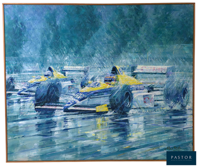 painting of a race car on a wet track with other cars in the background