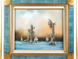 une peinture à l'huile représentant un groupe de personnes sur un bateau en pleine mer