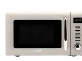 a white microwave with a digital clock on the front