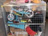 a cart full of toys in a garage