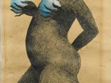 tableau représentant une femme tenant un objet bleu dans sa main droite