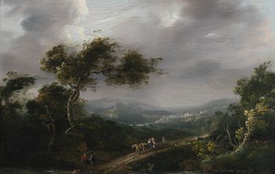 a painting of a landscape with a river and a man on a horse