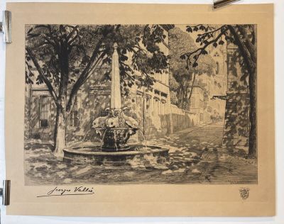 an old drawing of a woman sitting on a fountain in a park