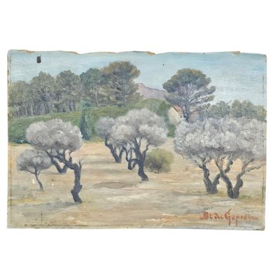 une peinture à l'huile représentant des arbres dans un champ, avec une maison en arrière-plan