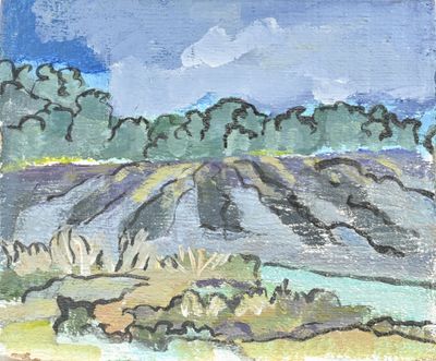 une photo d'un tableau représentant un paysage avec des montagnes en arrière-plan