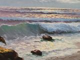 a painting of a beach scene with rocks in the water