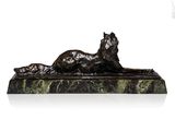 bronze sculpture of a horse laying down on a marble base