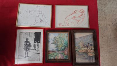 three framed pictures of a man riding a horse next to a red cloth