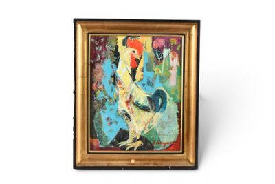 une peinture à l'huile représentant une femme avec un coq sur fond bleu