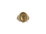 un gros plan d'une bague en or ornée d'un blason