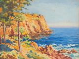 une image représentant un tableau d'une côte rocheuse parsemée d'arbres