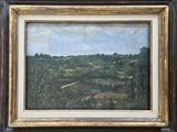 une peinture à l'huile d'un paysage avec une maison au loin