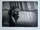 a black and white drawing of a woman ' s face in a field