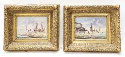 two framed paintings of boats on the water and a boat in the distance
