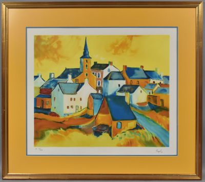 an image of a painting of a village with a church in the background