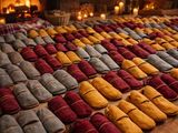 de nombreuses paires de pantoufles disposées sur une table