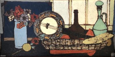 un tableau représentant une horloge et une corbeille de fruits