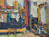 une peinture représentant une pièce avec des vêtements suspendus à un portant