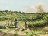 un tableau représentant une femme debout sur un pont