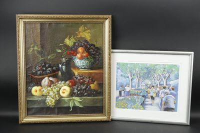 Deux tableaux représentant des fruits sont exposés côte à côte sur une table.