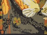 a cross stitch picture of a yellow butterfly on a black background