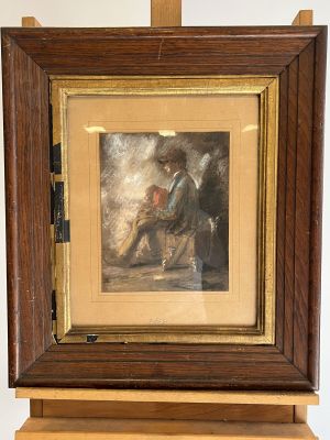 tableau représentant un homme assis sur un tabouret devant un tableau