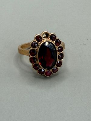 a close up of a ring with a red stone surrounded by garnetts