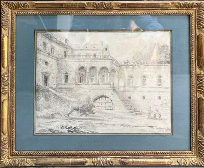 une image représentant un dessin d'un bâtiment avec un cheval au premier plan