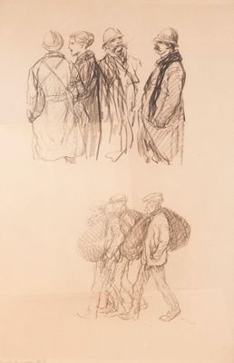 croquis représentant un groupe de personnes marchant dans la rue avec des parapluies