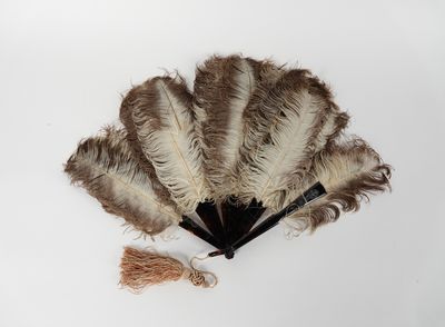 un éventail orné de plumes et d'un pompon sur un fond blanc