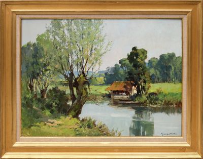 une image d'un tableau représentant une maison au bord d'une rivière