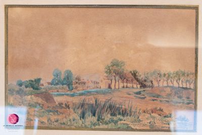 peinture représentant un paysage avec des arbres et une rivière au loin