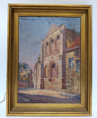 an oil painting of a building with a clock on the wall