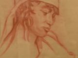 drawing of a woman with a hat on her head in a frame