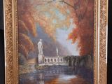 une peinture à l'huile représentant un homme sur un pont dans un parc