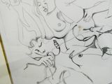 un dessin représentant un groupe de personnes dans une pièce